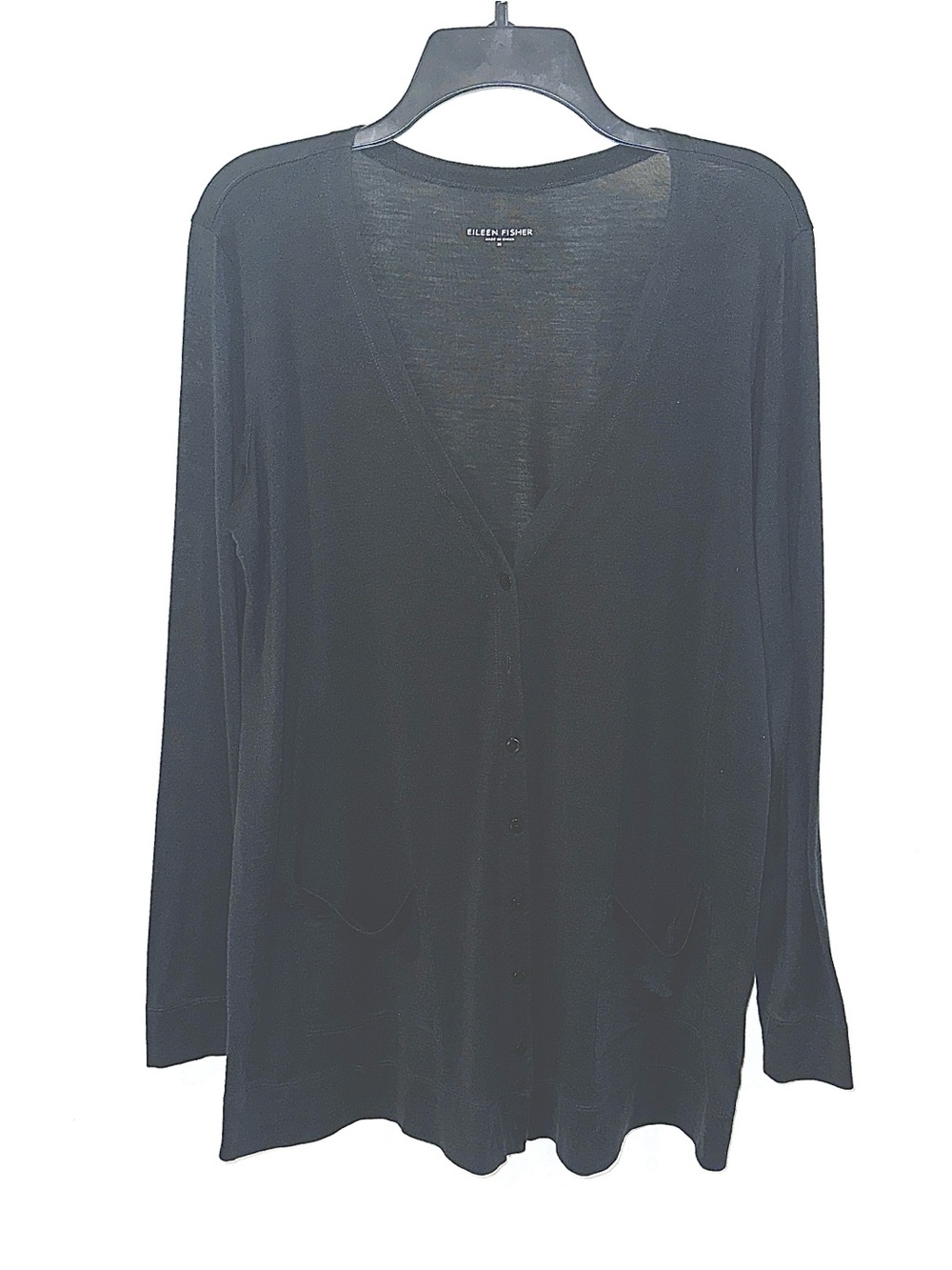 Eileen FIsher Black Silk Blend LIghtweight Button Front V Neck Cardigan Size M